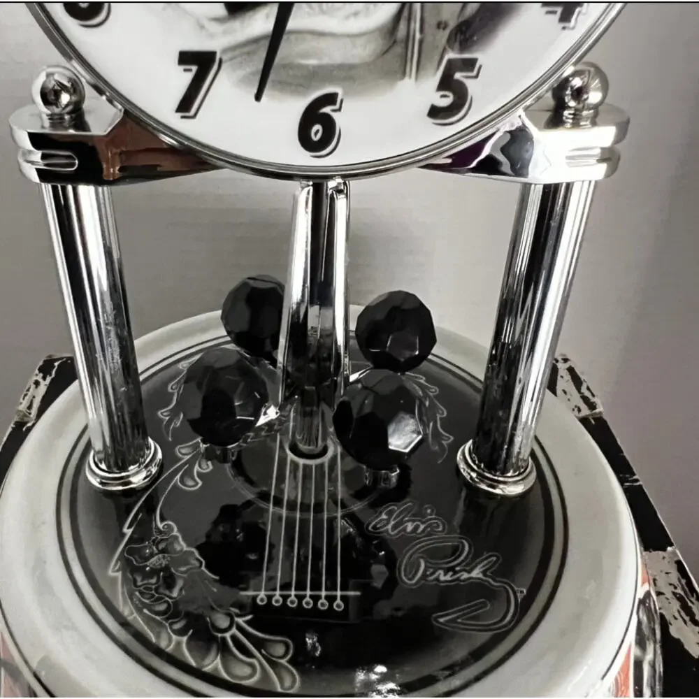 ELVIS PRESLEY Silver Anniversary Clock Porcelain Base Rotate Glass Dome